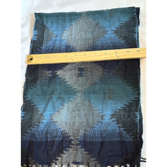 Calrose Woven Scarf Blue Teal Argyle Fringe 62” Made in Italy - Picture 4 of 4